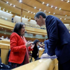 El presidente del Gobierno, Pedro Sánchez, conversa con la ministra de Defensa Margarita Robles en una sesión de control al Gobierno.