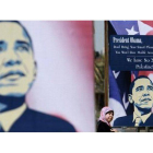 Un poster de Obama en la ciudad de Ramala (Cisjordania) a una semana de la visita del presidente de EEUU.