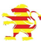 Un león heráldico rellenado con los colores de la bandera de Cataluña.