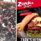 A la izquierda, la muchedumbre agolpada en uno de los locales de la hamburguesería, el domingo. A la derecha, cartel promocional de la oferta.