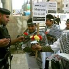 Miembros de Al Fatah regalan flores en Rafah para festejar la enfermedad de Sharón