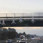 Bultos con forma humana y con los logotipos de Ciutadans, PSC y PPC, colgados de un puente de la C-17.