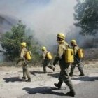 Miembros de una cuadrilla forestal en un incendio declarado en el valle del Oza, el pasado verano