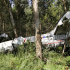 Bomberos, junto a los restos del fuselaje del avión accidentado en pleno Camino de Santiago.