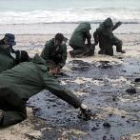 Un grupo de voluntarios se afana en limpiar con las manos la playa de Ancoradoiro