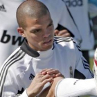 El central blanco durante un entrenamiento.