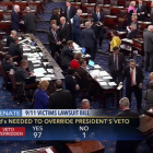 Captura de televisión del resultado de la votación en el Senado, contraria al veto de Obama, el miércoles.