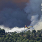 Medios aéreos combaten el incendio que se ha declarado en la localidad castellonense de Artana, en Castellón, con el objetivo de evitar que las llamas alcancen el parque natural de la Sierra de Espadán, de gran valor ecológico.