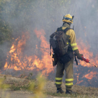 Un miembro de las brigadas interviene en un incendio en Santa Olaja de la Ribera. FERNANDO OTERO