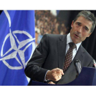 El secretario general de la OTAN, Anders Fogh Rasmussen, durante una rueda de prensa el pasado 21 de octubre, tras la caída de Sirte, en Bruselas.