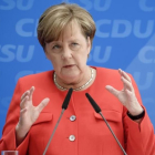 La cancillera alemana en la presentación de su programa electoral.