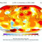 Temperatura media mundial del mes de mayo en el conjunto de la Tierra con respecto al promedio 1951-1980. Los colores más oscuros, como en Alaska y el norte de Rusia, corresponden a las mayores anomalías positivas.