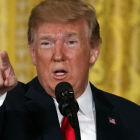 Trump, este lunes, durante la rueda de prensa que ha ofrecido en la Casa Blanca para hablar de la nueva fuerza espacial para militarizar el espacio