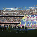 Pancarta de apoyo a La Masia, el pasado 5 de abril en las gradas del Camp Nou.