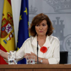 La vicepresidenta, Calvo, durante la rueda de prensa posterior al Consejo de Ministros. J. J. GUILLÉN