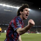 Messi, que volvió a liderar la victoria del Barça, celebra uno de los goles conseguidos ante el Stut