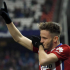 El centrocampista del Atlético de Madrid Saúl Ñíguez celebra su gol ante la Real Sociedad. KIKO HUESCA