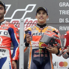 Danilo Petrucci, Marc Márquez y Andrea Dovizioso, en el podio del GP de San Marino, en Misano