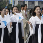 Grupo de animadoras de Corea del Norte en el Campeonatos de Atletismo de Asia en el 2005.