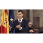 El príncipe de asturias y de Viana pronuncia el primer discurso oficial desde que el rey anunciara su abdicación, durante el acto de entrega del premio Príncipe de Viana de la Cultura 2014 al historiador capuchino Tarsicio de Azcona.