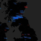 Mapa de las tendencias en Twitter con los 'tuits' favorables y en contra de la independencia de Escocia.