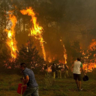 Un grupo de vecinos trabaja en el incendio en la zona de Zamanes, cerca de Vigo.