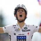Andy Schleck alza los brazos tras vencer en la primera etapa alpina de este Tour de Francia.