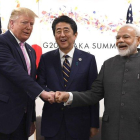 El presidente de los EEUU, Donald Trump; el Primer Ministro de Japón, Shinzo Abe; y el Primer Ministro de la India, Narendra Modi.