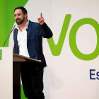 El presidente de Vox, Santiago Abascal, durante su intervención en el acto público  de su partido en Teruel. ANTONIO GARCÍA