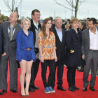 Alfonso Cuarón, David Yates, Evanna Lynch, Mike Newell, Bonnie Wright, David Barron, Rupert Grint,  David Heyman y Tom Felton al parque Harry Potter.