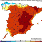 Mapa con las temperaturas máximas que habrá en toda España hasta el viernes.