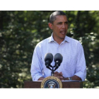 El presidente de los EEUU, Barack Obama durante las declaraciones sobre el huracán "Irene", hoy.