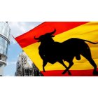 Una bandera española es ondeada por un aficionado al fútbol en el centro de la ciudad de Viena horas antes de un partido de Eurocopa.