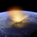 Simulación del gran impacto del Yucatán de hace 65 millones de años, a finales del Cretáceo, que ocasionó la desaparición de los dinosaurios. Posiblemente también fue un cometa o asteroide.