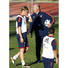 El seleccionador da instrucciones al delantero Fernando Torres durante la sesión de entrenamiento.