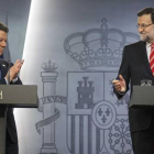 Mariano Rajoy, en su comparecencia con el presidente de Colombia, Juan Manuel Santos, este martes, 3 de marzo, en la Moncloa.