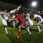 Los jugadores de la Cultural celebran el triunfo sobre el Albacete y el pase a dieciseisavos de la Copa del Rey.