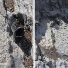 Huellas podomorfas conocidas como ‘La pisada del moro y la mora’ comparadas con una bota y, en la fotografía de la derecha, decenas de herraduras en el mismo paraje, en Castrillo de la Valduerna.