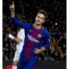 Denis Suárez celebra el cuarto gol del Barcelona ante el Murcia. FONTCUBERTA