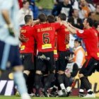 Los jugadores del Mallorca celebran el tercer gol de su equipo que les daba la victoria ante el Real