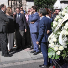 El presidente nacional del PP, Pablo Casado junto al presidente del partido en Castilla y León, Alfonso Fernández Mañueco; al alcalde, Alfonso Polanco; y a la presidenta del PP de Palencia, Ángeles Armisén