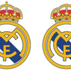 El escudo del Real Madrid y, a la derecha, con la cruz suprimida para venderla en países musulmanes.