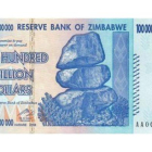 Billete de 100 trillones de dólares de Zimbabue.