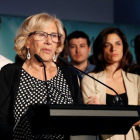 La alcaldesa en funciones de Madrid, Manuela Carmena, durante su comparecencia para valorar los resultados de las elecciones al Ayuntamiento.