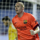 Jeremy Mathieu celebra su gol ante el Celta de Vigo en Balaídos