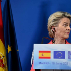 Ursula von der Leyen, presidenta de la Comisión Europea, en su comparecencia en Madrid. FERNANDO VILLAR