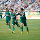 Berrocal celebra con rabia el tanto conseguido en La Nueva Victoria ante el Real Jaén, que a la postre le daría a su equipo los tres puntos en juego y la permanencia virtual en Segunda División