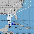 Imagen cedida por el Centro Nacional de Huracanes (NHC) que muestra el pronóstico de la depresión tropical que se acerca a Florida