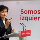 La secretaria de Igualdad del PSOE Carmen Calvo durante la rueda de prensa.