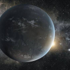 Dibujo ilustrativo del exoplaneta Kepler-62f y uno de sus planetas vecinos (punto brillante). La presencia de nubes y el diseño de la superficie son puras especulaciones.